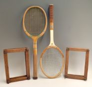 2x wooden tennis rackets with presses one marked Majestic to the concave wedge with regular handle