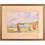 H C Reid - original golfing water colour - titled “On The Green” coastal scene – signed H.C Reid