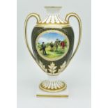 Spode Golf decorative Vase: twin handled vase with Golfing painting to front having gold trim,