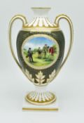 Spode Golf decorative Vase: twin handled vase with Golfing painting to front having gold trim,