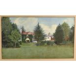 c1920s Tennis Court and Country House Watercolour painting depicting the tennis court in the