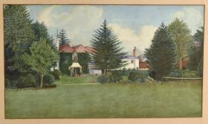 c1920s Tennis Court and Country House Watercolour painting depicting the tennis court in the