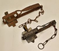 2x Vintage Vermin Gin Traps - hand forged both with 4” jaws, one c/w brass spring clasp stamped Rd