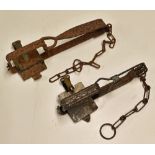 2x Vintage Vermin Gin Traps - hand forged both with 4” jaws, one c/w brass spring clasp stamped Rd