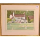 Norman Berisford 2011 Cricket Scene Watercolour painting with pub to background, framed measures