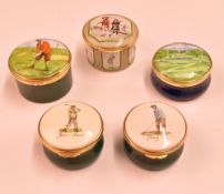 5x enamel boxes with golfing designs – incl Halcyon Days with 1778 Society of Golfers at the Royal