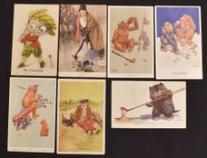 Small selection of Lawson Wood golfing postcards (6) – titled ‘The 19th Hole’, ‘Tough Nuts’, ‘It’s a