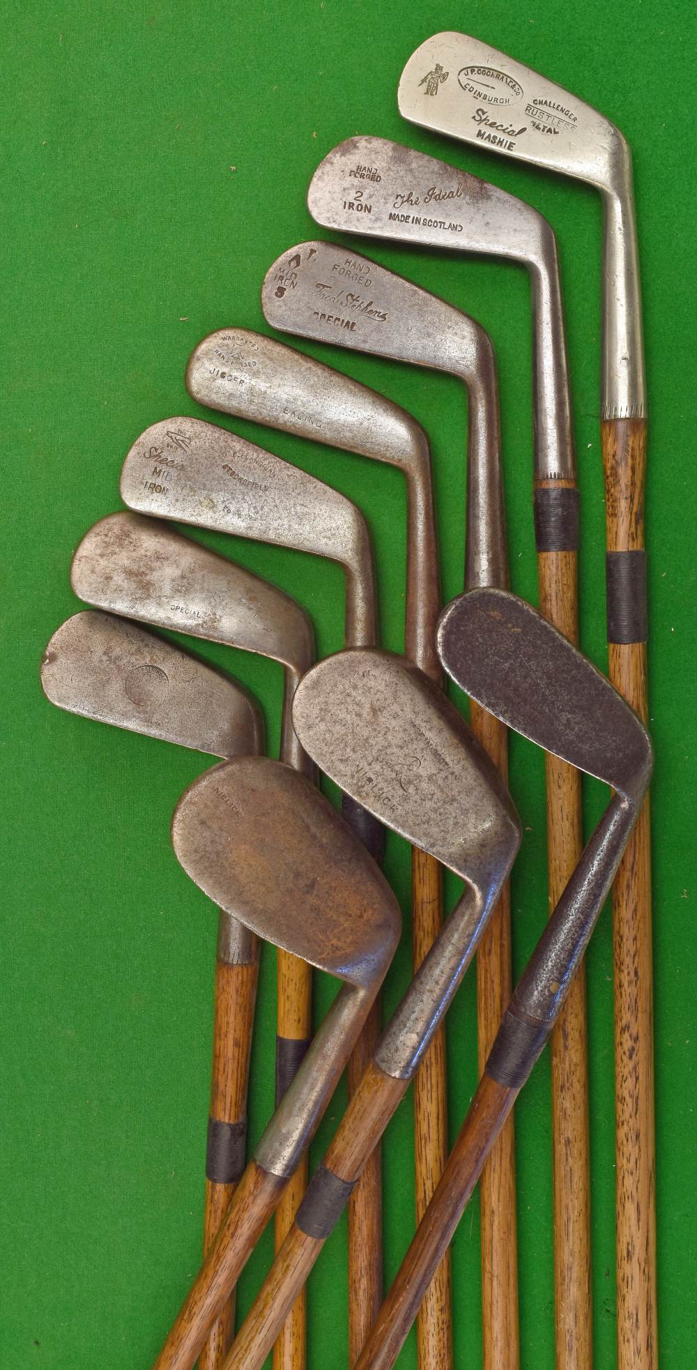 Good selection of various irons (10) jigger, mid irons, mashies, m/niblicks and niblicks – makers