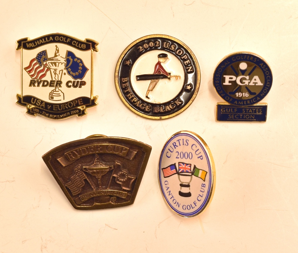 Group of Golf cup / championship badges – incl Ryder Cup Valhalla USA v Europe 2008 and another