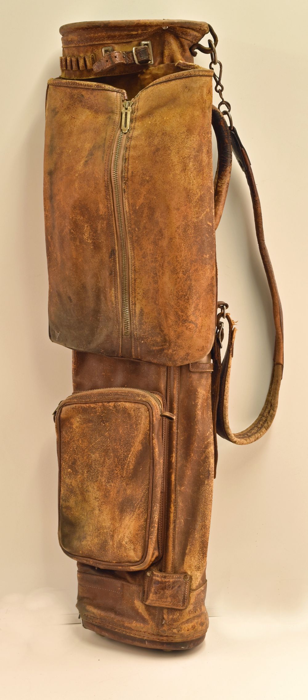 Full leather oval golf club bag-with ball pocket, travel hood, umbrella strap and original leather