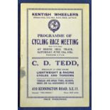 Cycling - 1926 Kentish Wheelers Programme at Herne Hill dated 12th June appears overall in G
