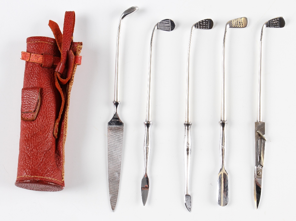 Set of 5x silver golf club manicures - in the original red leather golf club bag to incl scissors,