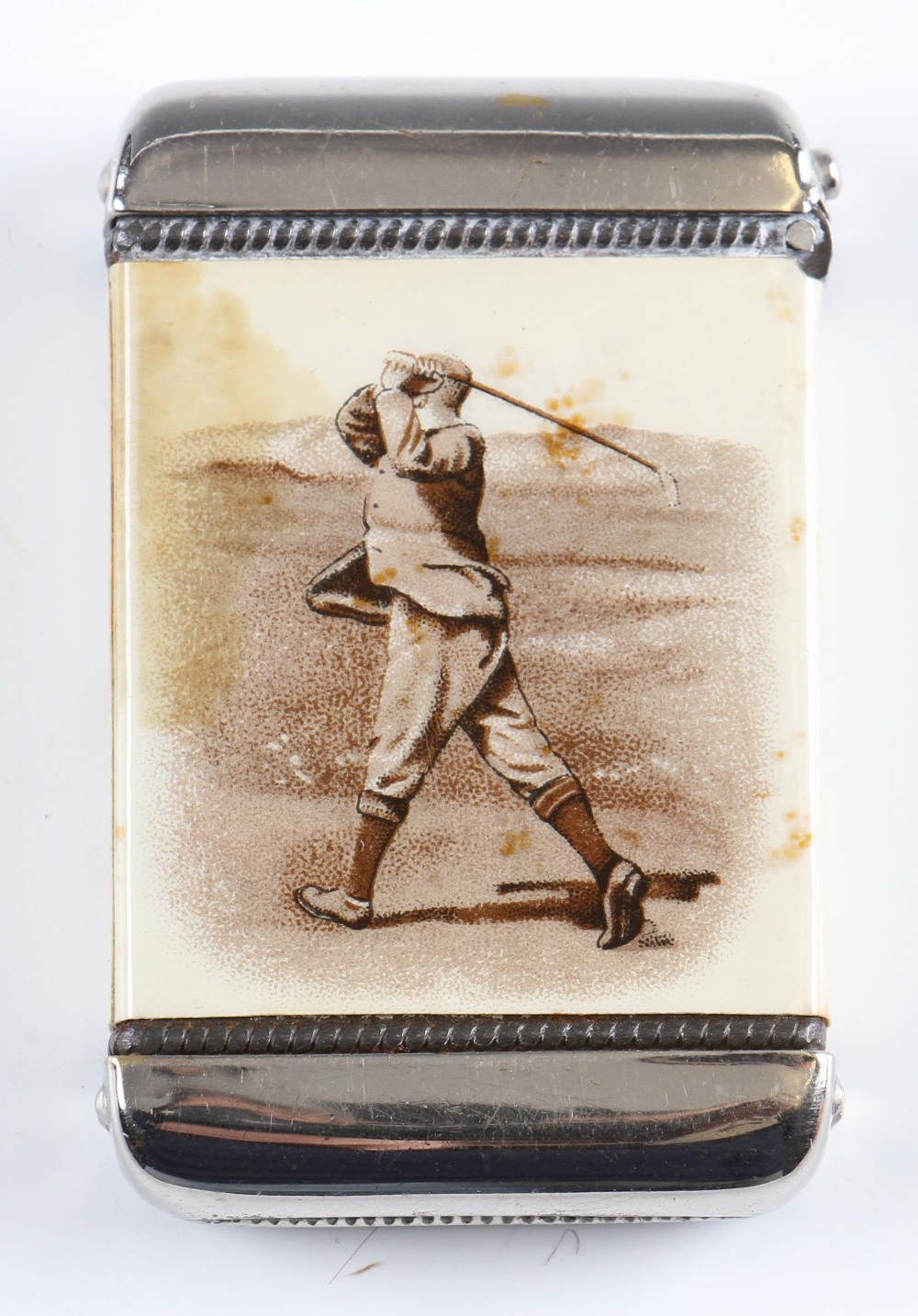 Early Plated Golf Vesta Case with image of Freddie Tait - promoting British Law Fire Insurance
