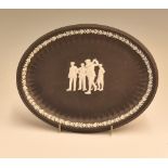 Wedgwood Black Jasperware Golfer Oval Plate with 4 golfers to front and laurel leaf border, width