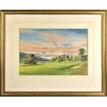 Reed, Ken - Loch Lomond original golfing watercolour - 18th Hole , Loch and Hotel in the