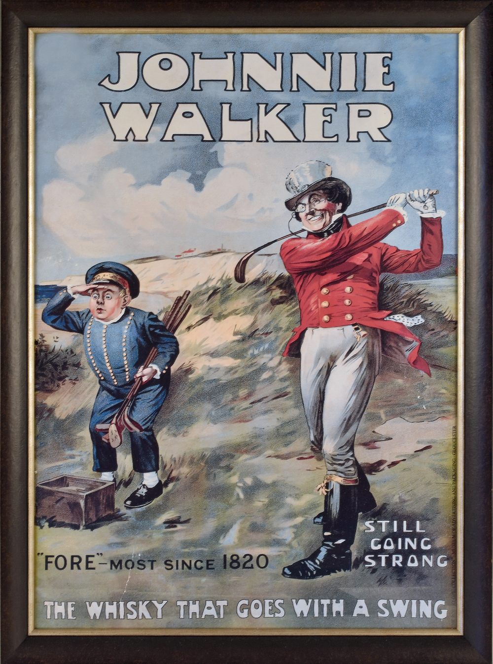 Johnnie Walker well known whisky advertising coloured golf print - titled “Fore-most since 1820 -