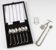 Hallmarked Silver Golfing Selection to incl cased set of 6 teaspoons with golf club handles,