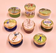 8x enamel boxes with golfing designs to include Halcyon Days ‘Shell Howard Keel NSPCC Classic’, 2x