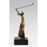 Hagenauer Style Cast Brass Golfer Figure on black wooden plinth with indistinct makers marks to