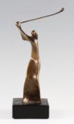 Hagenauer Style Cast Brass Golfer Figure on black wooden plinth with indistinct makers marks to