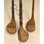 3x scare neck woods – left hand Suggs Maker brassie; a driver with an indistinct stamp mark and a