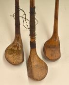 3x scare neck woods – left hand Suggs Maker brassie; a driver with an indistinct stamp mark and a
