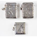 3x Late 20th century Silver Golf Vesta Cases – two having Victorian style decoration, stamped ‘925’,