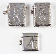 3x Late 20th century Silver Golf Vesta Cases – two having Victorian style decoration, stamped ‘925’,