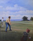 Matthews, Michael (1933- ) golfing oil on board - Golfers Approaching Green (possibly