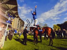 Frankie Dettori Signed Horse Racing Photograph in colour depicting Dettori jumping off horse winning