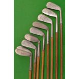 8x assorted irons – larger head Pat stepped backed “DW” brand niblick, 2x Donaldson Rangefinders