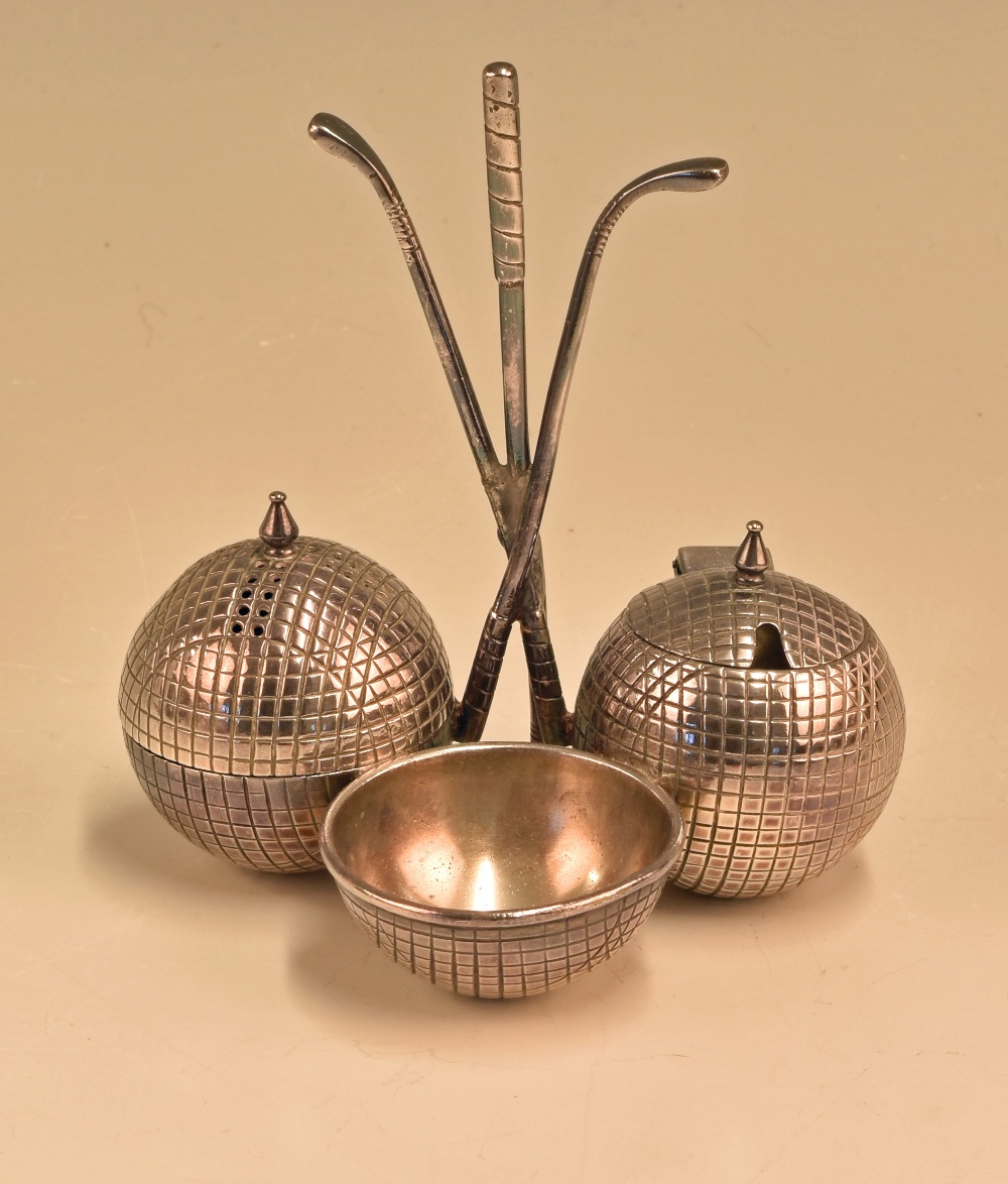 Early 20th Century silver plated golf ball cruet set with golf club design handle / stand, one