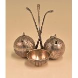 Early 20th Century silver plated golf ball cruet set with golf club design handle / stand, one