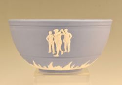 Wedgwood Blue Jasperware Golfer Bowl with trio of golfers to body, with leaf design base, 19cm