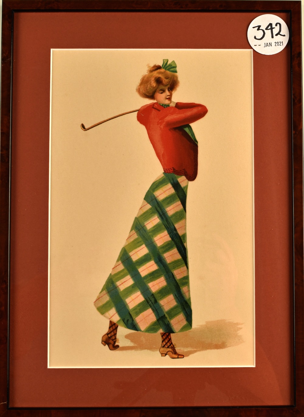 1920s/30s Glamourous American Lady Golfer water colour – at the finish of her swing - mounted framed