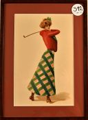 1920s/30s Glamourous American Lady Golfer water colour – at the finish of her swing - mounted framed