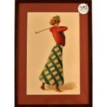 1920s/30s Glamourous American Lady Golfer water colour – at the finish of her swing - mounted framed