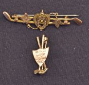 Two 9ct gold golfing brooches – one with crossed clubs and shield design engraved to front ‘B.G.C.