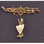 Two 9ct gold golfing brooches – one with crossed clubs and shield design engraved to front ‘B.G.C.