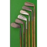 6x various irons and putter – Tom Stewart No. 3 iron stamped J C Smith Monifieth; Spalding Mid Iron;