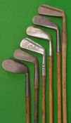 6x various irons and putter – Tom Stewart No. 3 iron stamped J C Smith Monifieth; Spalding Mid Iron;
