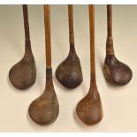 5x various socket head woods – 2x drivers, Tom Morris Ladies Brassie, large head striped top spoon