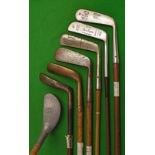 7x various assorted putters – Brown Vardon style drop toe with green heart shaft; Braid Mills