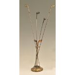 Brass golf club hat pin stand and hat pin selection incl 3 silver topped golf club hatpins, 2