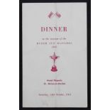 Rare and Interesting 1961 Ryder Cup Official PGA Dinner menu signed by Dai Rees Playing Captain –