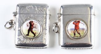 2x Late 20th century Silver and Enamel Vesta Cases – both having enamel roundels to front, one