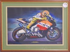 Motor Racing – Valentino Rossi ‘The Flying Doctor’ colour print limited edition 12/500 by RJ Heale