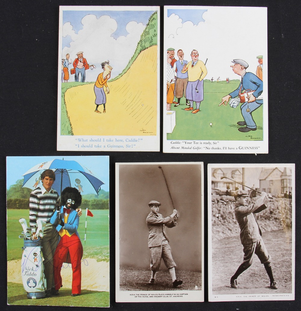 Golfing Postcard Selection (5) to incl Nick Faldo signed “See You At ‘Tee’ Time” postcard, 2x HRH