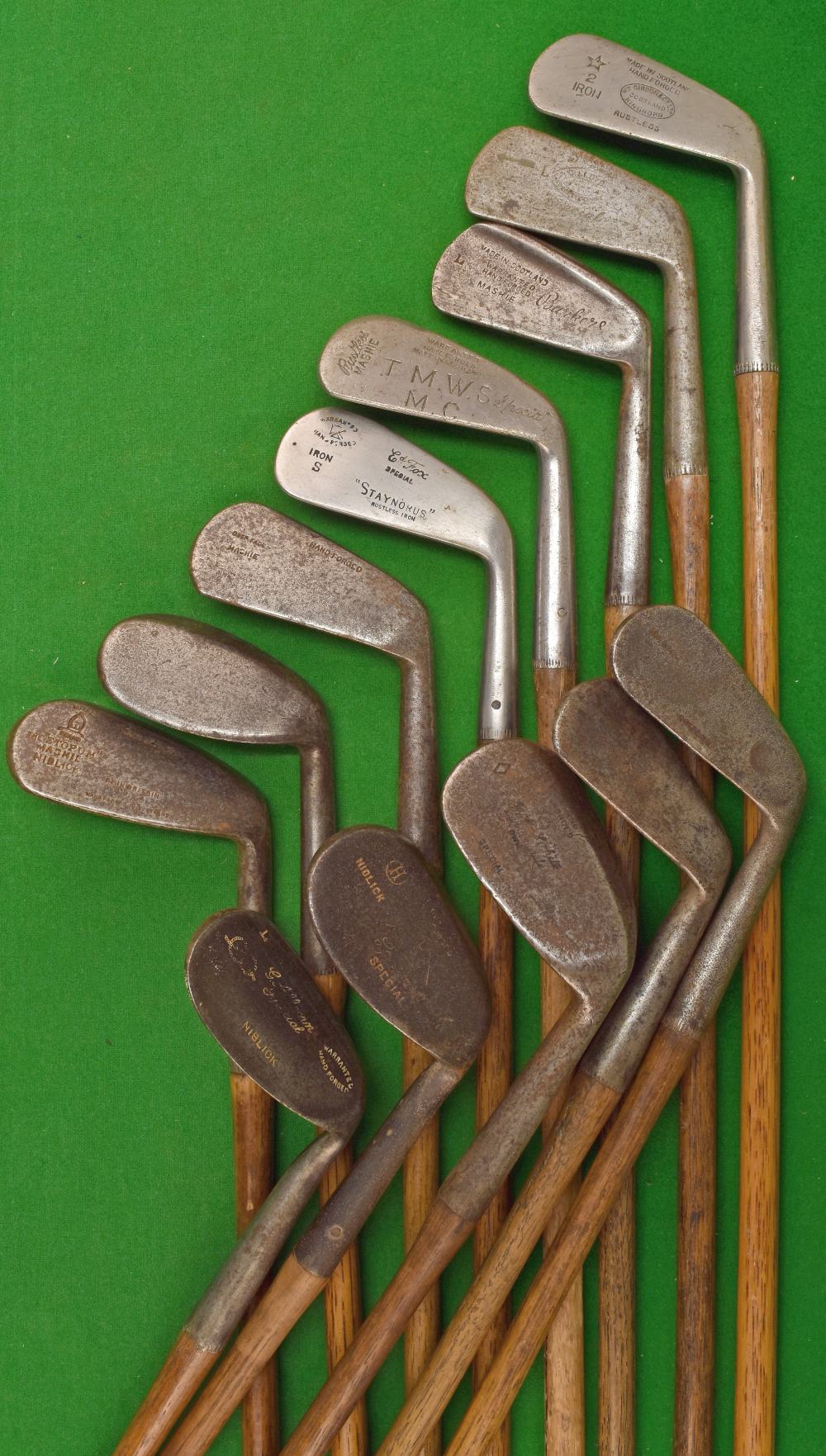 13x assorted mostly mashie and niblicks irons – Gibson Star 2 iron, Ben Sayers Mitre Brand Stop-Um