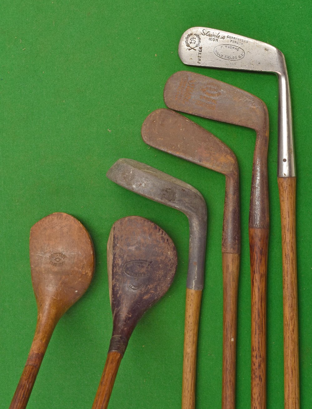 6x various golfing clubs – Faulkner Kennard GC baffie, small head Tait Elie driver, F Thomas Hilly